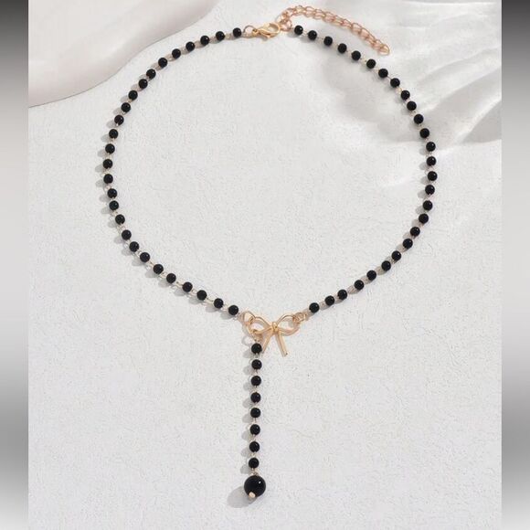 Black Beaded bow Necklace A1392 - Picture 2 of 5